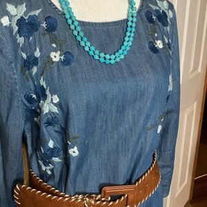 CECE Floral Embroidered Blue Denim Scoop Neck Tie Sleeve Midi Dress Size 10